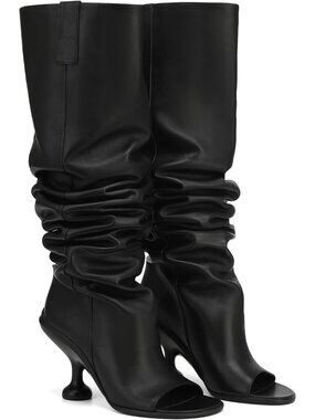 Women's Black Leather Knee High Boots Open Square Toe Pull On Wide Calf Boots